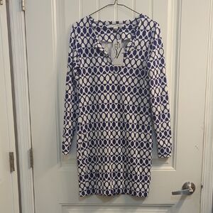 Diane vonFurtensberg Blue and White Geometric Pattern Dress